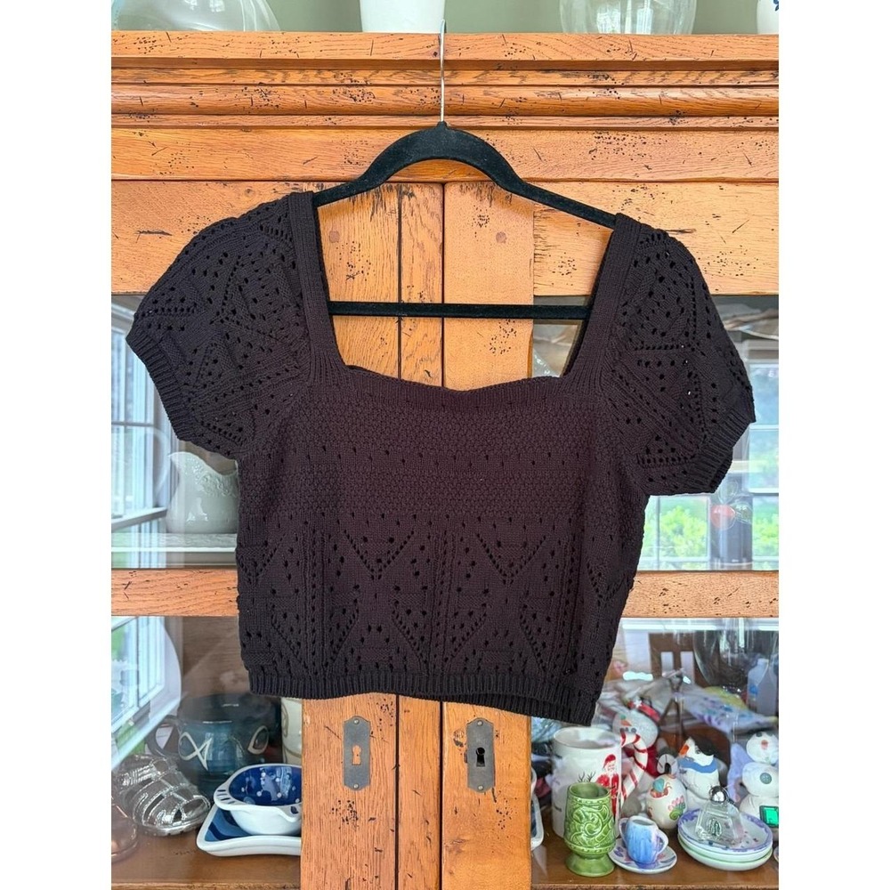 Freshman 1996 Black Crochet Knit Sweater Crop Top Square Neck Small ST514425K